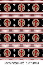 Striped seamless black background with patterns of heraldic lily.