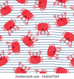 Striped seamless cartoon crab pattern. Vector sea background.