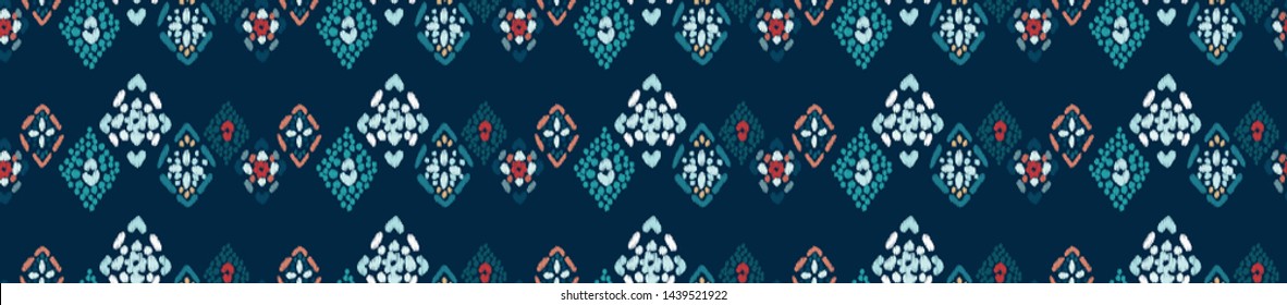Striped seamless folk embroidery pattern.  Abstract grunge wallpaper. Traditional ornament with diamonds on a dark blue backdrop.Template for fashion prints, fabric design.Vintage vector background 