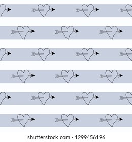 Striped seamless hand drawn pattern with hearts and arrows. Template greeting card, invitation and advertising banner, brochure. Cute Valentine card. Wrapping paper for present. Vector