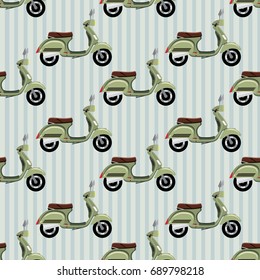Striped seamless hipster pattern with retro motorcycle. Modern fashionable background with vintage scooter. Cartoon hand draw style. Vector illustration