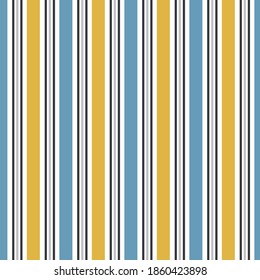 Striped seamless pattern. Abstract background with elegant blue, yellow lines. Vector illustration vertical stripes. Repeating texture. Ornament in stripe. Design paper, wallpaper, textile, fabric.