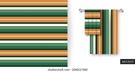 Striped seamless pattern. Abstract background with green, orange stripes. Ornament in stripe. Vector illustration horizontal lines. Repeating texture. Design paper, wallpaper, textile, fabric. Mockup.