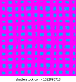 Striped seamless pattern. Abstract stripes. Hand drawing, brushes, blots. Modern textures. Original neon background. Checkered background, squares. Blue and pink