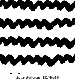 Striped seamless pattern. Abstract stripes. Hand drawing, brushes. Modern. Horizontal waves. Black and white drawing
