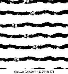Striped seamless pattern. Abstract stripes. Hand drawing, brushes, blots. Modern textures. Original geometric background. Horizontal waves. Black and white drawing