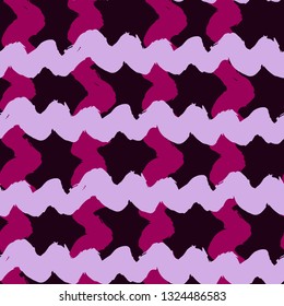 Striped seamless pattern. Abstract stripes. Hand drawing, brushes, blots. Modern textures. Original neon background. Checkered background, squares. Pink tones