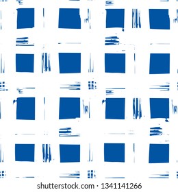 Striped seamless pattern. Abstract stripes. Hand drawing, brushes, blots. Modern textures. Original background. Checkered background, squares. Blue and white