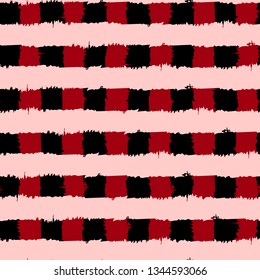 Striped seamless pattern. Abstract stripes. Hand drawing, brushes, blots. Modern textures. Original background. Checkered background, squares. Red