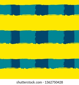 Striped seamless pattern. Abstract stripes. Hand drawing, brushes, blots. Modern textures. Original background. Checkered background, squares. Blue and yellow