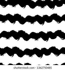 Striped seamless pattern. Abstract stripes. Hand drawing, brush. Modern. Horizontal waves. Black and white drawing