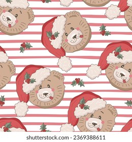 Striped seamless pattern with bear head in Santa hat and holly. Vector illustration.