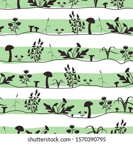 Striped seamless pattern with black silhouettes of grass, flowers and mushrooms. Vintage background with plants. Vector design for textile, wrapping paper.