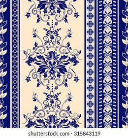 Striped seamless pattern. Blue floral wallpaper. Damask background 