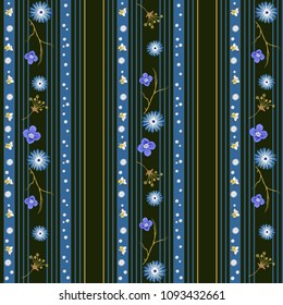 Striped seamless pattern with blue and yellow stripes of different thicknesses and a variety of small flowers on a dark background. Vector for fashion prints, textiles, wallpapers, wrapping paper