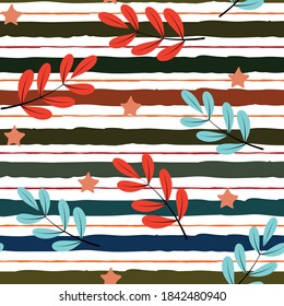 Striped seamless pattern with branches and stars. Good for textile, paper and any surfaces.