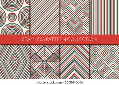 Striped seamless pattern collection. Classic geometric background set. Zig zag, chevron, diagonal, vertical, weaved lines, circles, diamonds print bundle. All ornaments were added in swatches palette