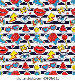 Striped seamless pattern with colorful patch badges. Fashion background in white, black, red, blue and yellow colors. Vector trendy illustration in 80s-90s comic style.