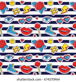 Striped seamless pattern with colorful patch badges. Fashion background in white, red, blue and yellow colors. Vector trendy illustration in 80s-90s comic style.