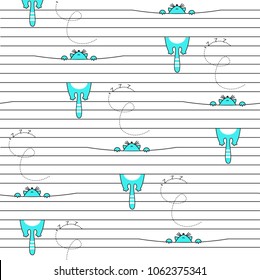 striped seamless pattern with cute cat, vector illustration cat catches fly