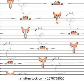 striped seamless pattern with cute cat, vector illustration cat catches fly