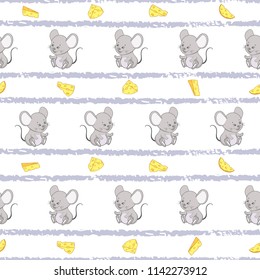 Striped seamless pattern with cute mice and cheese.