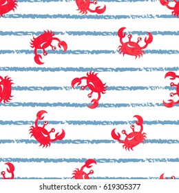 Striped seamless pattern with cute watercolor crabs. Vector marine background. 