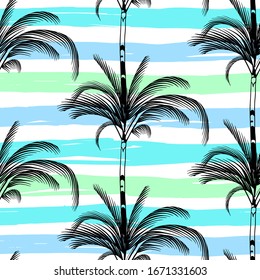 striped seamless pattern drawn by hand, blue and white lines, horizontal and curved with a black palml