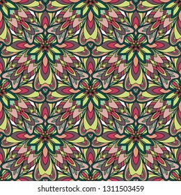 Striped seamless pattern. Floral wallpaper. Colorful ornamental border with stylized flowers and paisley. Design for cover, fabric, textile, wrapping paper.