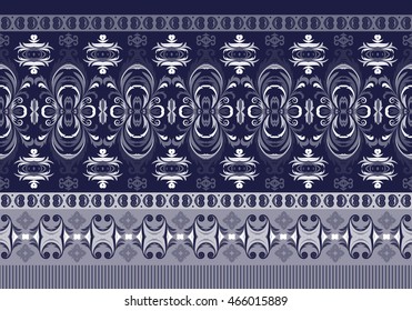 Striped seamless pattern. Floral wallpaper. Horizontal ornate background. Vector. Navy blue