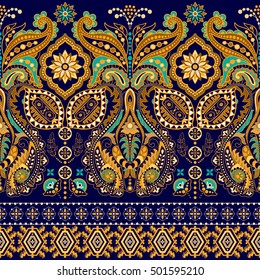 Striped seamless pattern. Floral wallpaper. Colorful ornamental border. Indian ornament