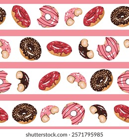 Striped Seamless pattern with glazed donuts. Repeating texture with delicious dessert for fabric, wallpaper, paper, etc.