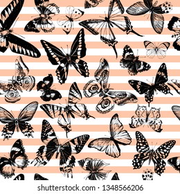 Striped seamless pattern with hand drawn butterflies. Vector illustration