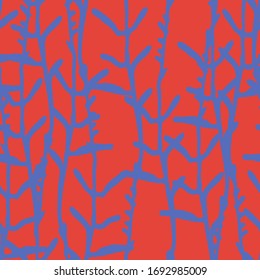 Striped seamless pattern with hand drawn herbs for surface design, silk textile, fashion industry and other design projects. Blue on red background