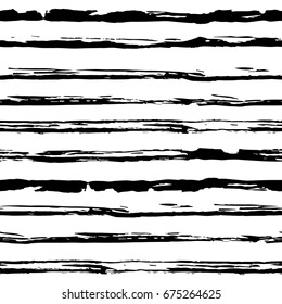 Striped seamless pattern, hand drawn black stripes brush and ink. Trendy marine style, frock, singlet. Fashion geometric background. Vector illustration