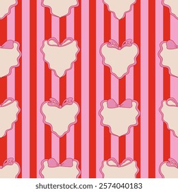 Striped seamless pattern with heart shaped frames with bows. Vector background in retro coquette aesthetic. Hand drawn wavy ribbons in ornamental elegant damask style