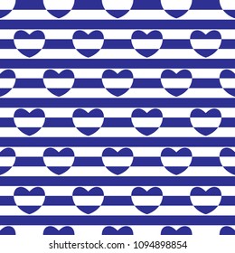 Striped seamless pattern with hearts. Blue and white colors. Vector illustration.