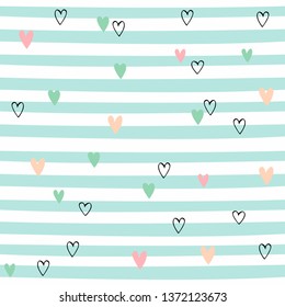 Striped seamless pattern with hearts. Cute pattern with green stripes. Vector.
