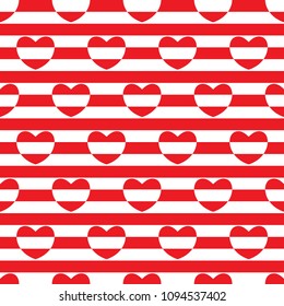 Striped seamless pattern with hearts. Red and white colors. Vector illustration.