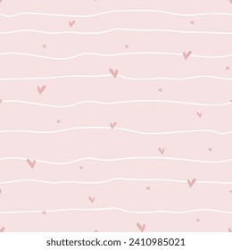 Striped seamless pattern with hearts. Romantic background with hand drawn lines and hearts. Minimalistic style in pastel colors. Cute design for Valentines Day greeting card, scrapbooking, paper goods