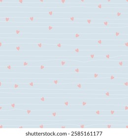 Striped seamless pattern with hearts. Romantic background with hand drawn lines and hearts. Minimalistic style in pastel colors. Cute design for Valentines Day greeting card, scrapbooking, paper goods