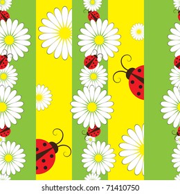 Striped seamless pattern with ladybirds and chamomiles