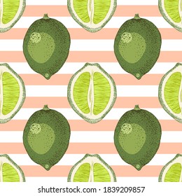 Striped seamless pattern with lime fruits and halfs. Hand drawn vector illustration in retro style