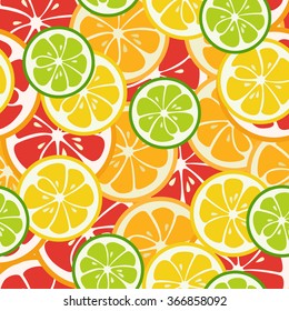 Striped seamless pattern with lime, orange and grapefruit. Tasty summer background. Yummy tropical fruits endless texture. Can be used for wallpapers, banners, posters. Vector illustration