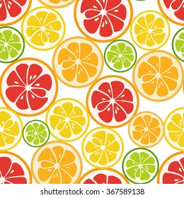 Striped seamless pattern with lime, orange and grapefruit. Tasty summer background. Yummy tropical fruits endless texture. Can be used for wallpapers, banners, posters. Vector illustration