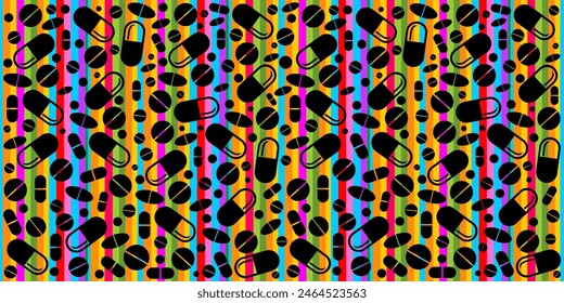 Striped Seamless pattern with medicines, capsules, medicaments, drugs, pills and tablets. Medical pharmacy backgrounds and textures. Medicine  seamless pattern. Vector illustration 