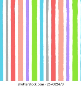 Striped seamless pattern with multicolored vertical brushed lines on white background. Vector
