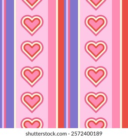 Striped seamless pattern with multi-outlined hearts in pink and purple background. Vector pattern with vertical stripes. Retro-inspired design for love-themed projects, packaging, scrapbooking, etc.