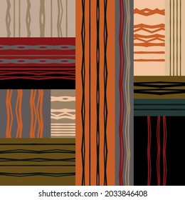 The striped seamless pattern on a colored background. Orange, khaki, gray, pink, burgundy, black colors. Inspired by ethnic fabric.For textile design,making of clothes, wallpaper, accessories,wrapping