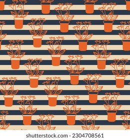 Striped seamless pattern with orange houseplants. Stylish pastel print. Print for textile, wallpaper, covers, surface. For fashion fabric.